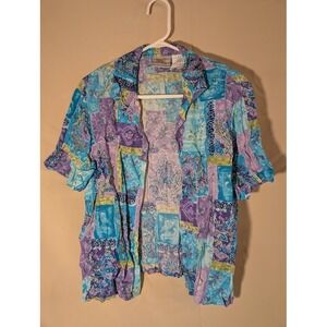Napa Valley Button Shirt M Patchwork Boho Blue Purple‎ Floral Short Sleeve